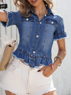 Plush Fashion Hub ruffle hem short sleeve denim jacket with stylish ruffle details and classic button closure.