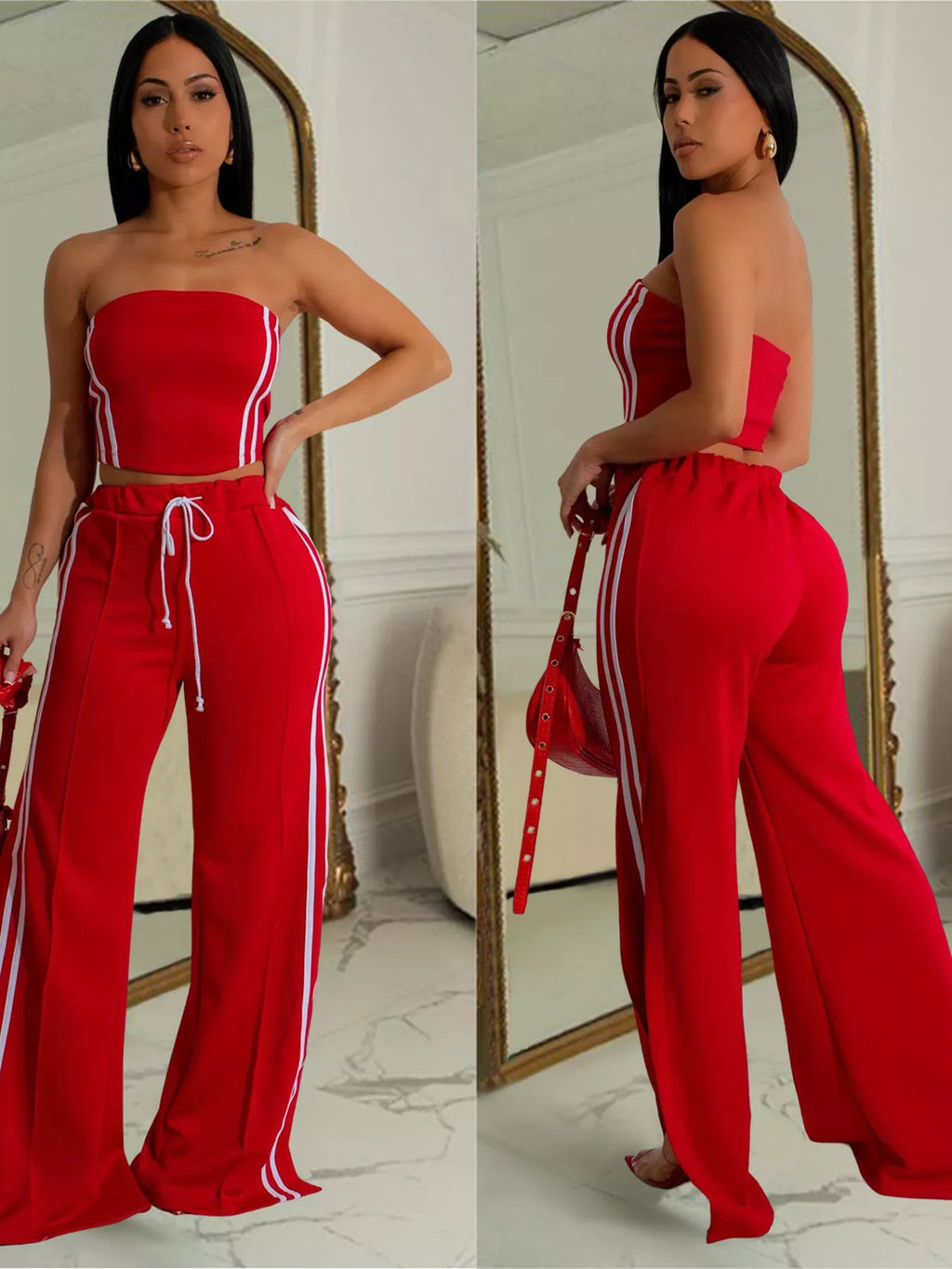 Sleeveless tube top and wide-leg pants set by Trendsi, featuring a stylish matching outfit in neutral fabric.
