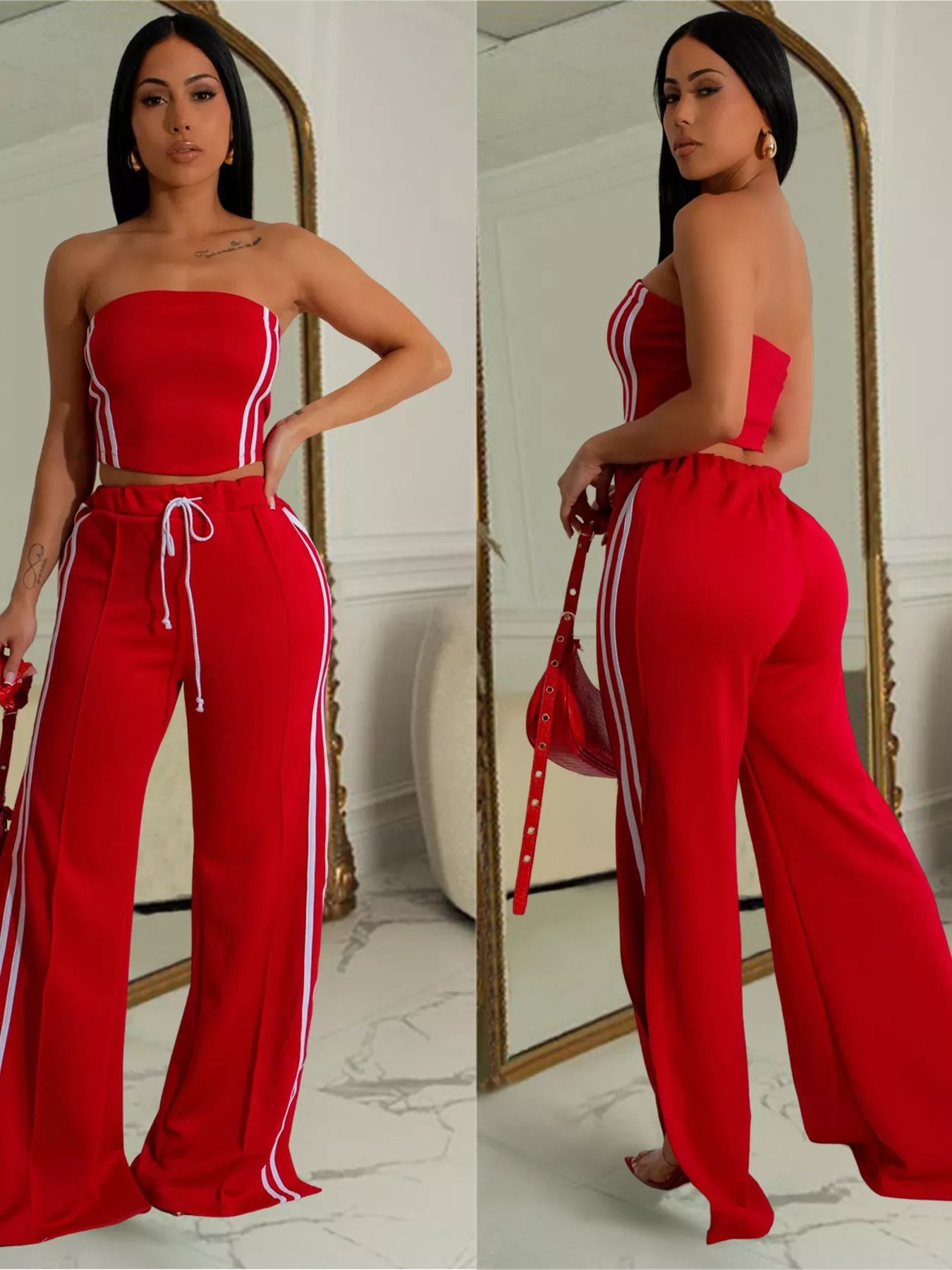 Sleeveless tube top and wide-leg pants set by Trendsi, featuring a stylish matching outfit in neutral fabric.