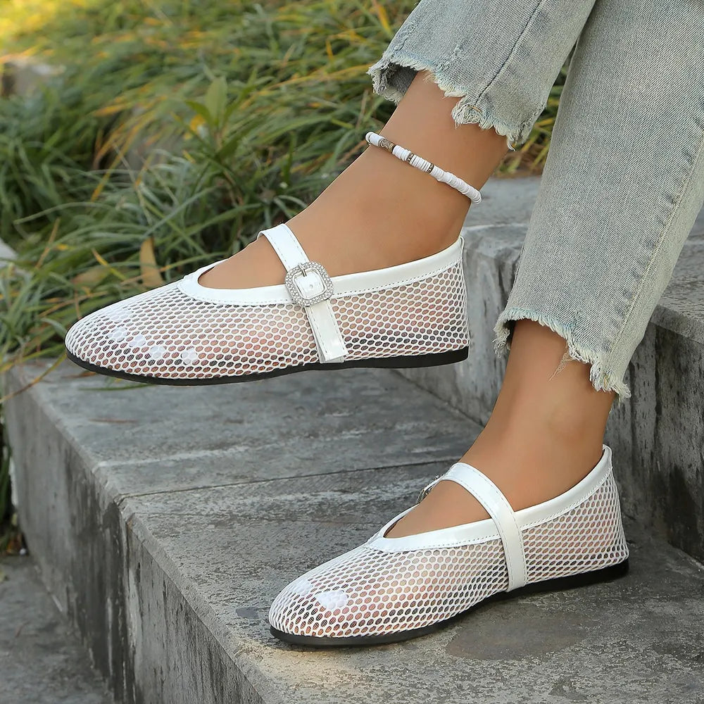 Women's breathable mesh round toe flat sandals by Trendsi featuring open design and comfortable flat sole for everyday wear.