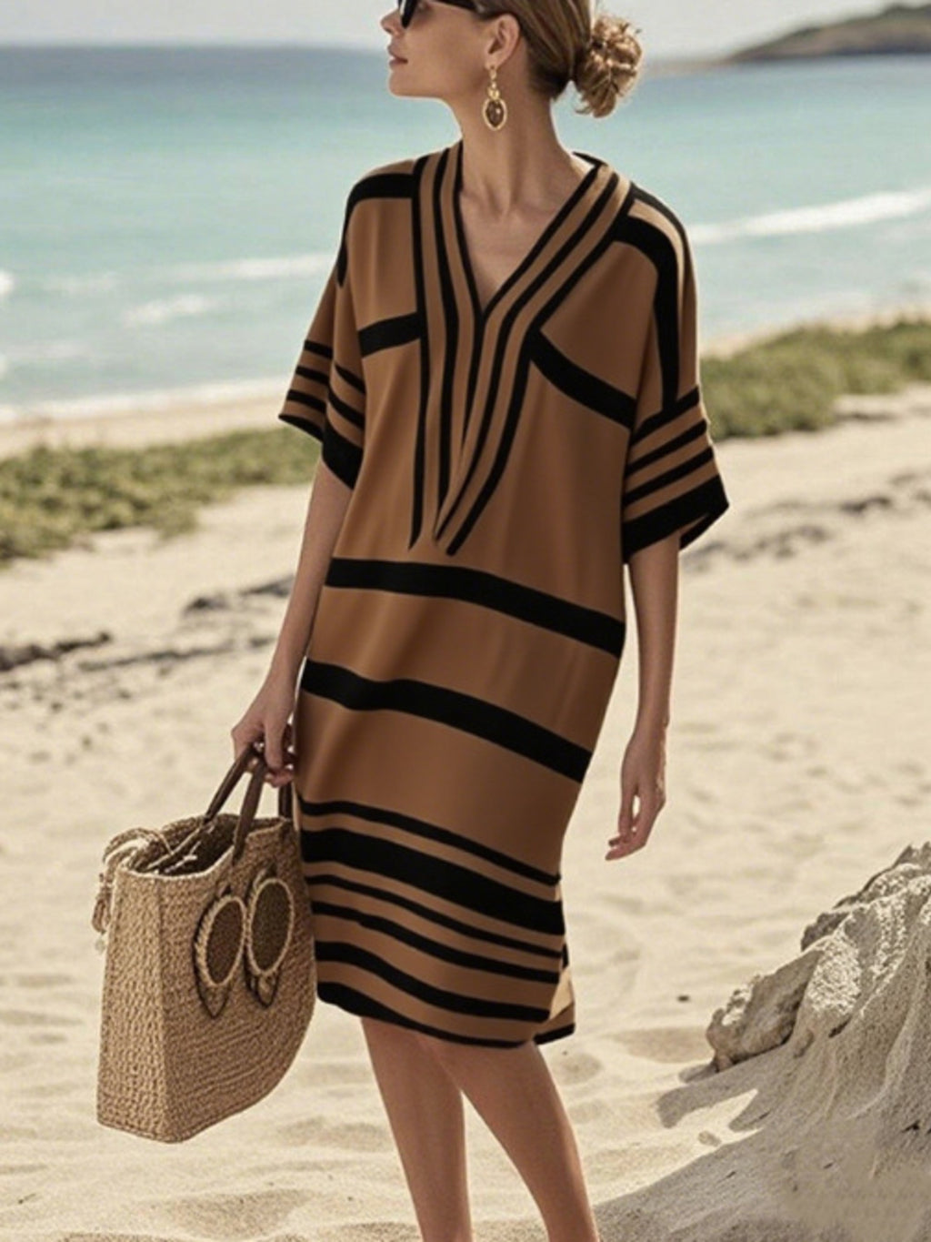 Plus size women's striped half-sleeve midi dress by Trendsi, casual chic everyday wear, featuring a stylish striped pattern and comfortable fit.