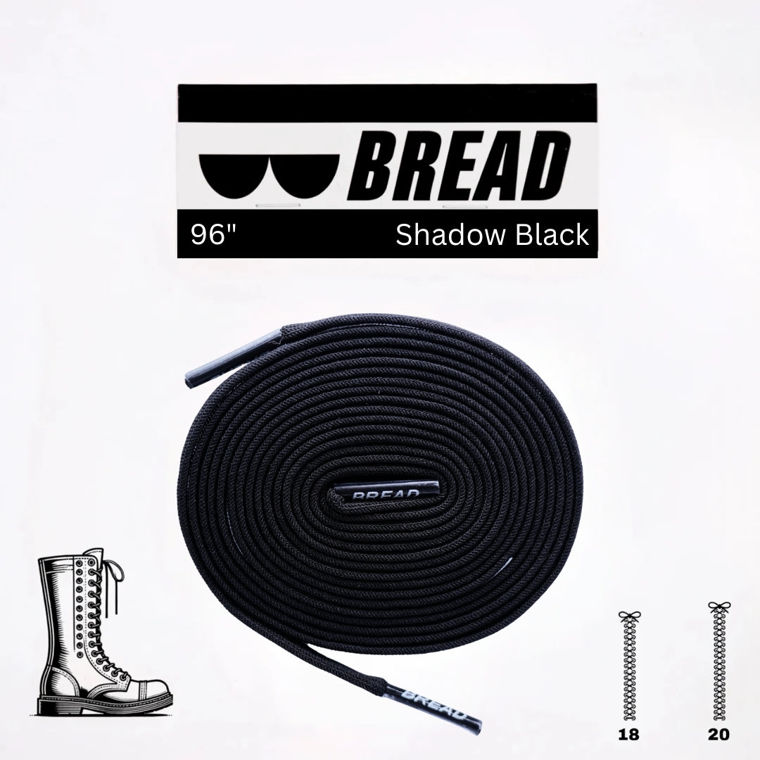 Black elastic shoelace by Bread, versatile and stretchable, shown in the shadow black color on a classic shoe.
