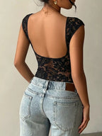 Lace detail cap-sleeve T-shirt by Trendsi, featuring a soft fabric with delicate lace accents on the sleeves.