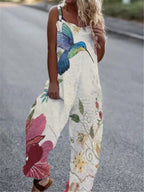 Women's butterfly print overalls by FitiqueFit, sleeveless loose fit suspender pants with pockets and adjustable straps.
