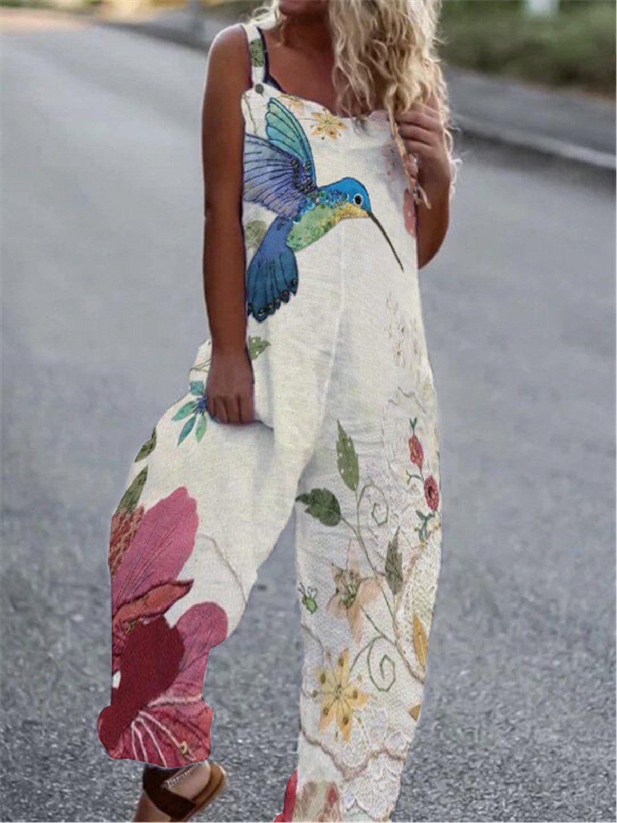 Women's butterfly print overalls by FitiqueFit, sleeveless loose fit suspender pants with pockets and adjustable straps.