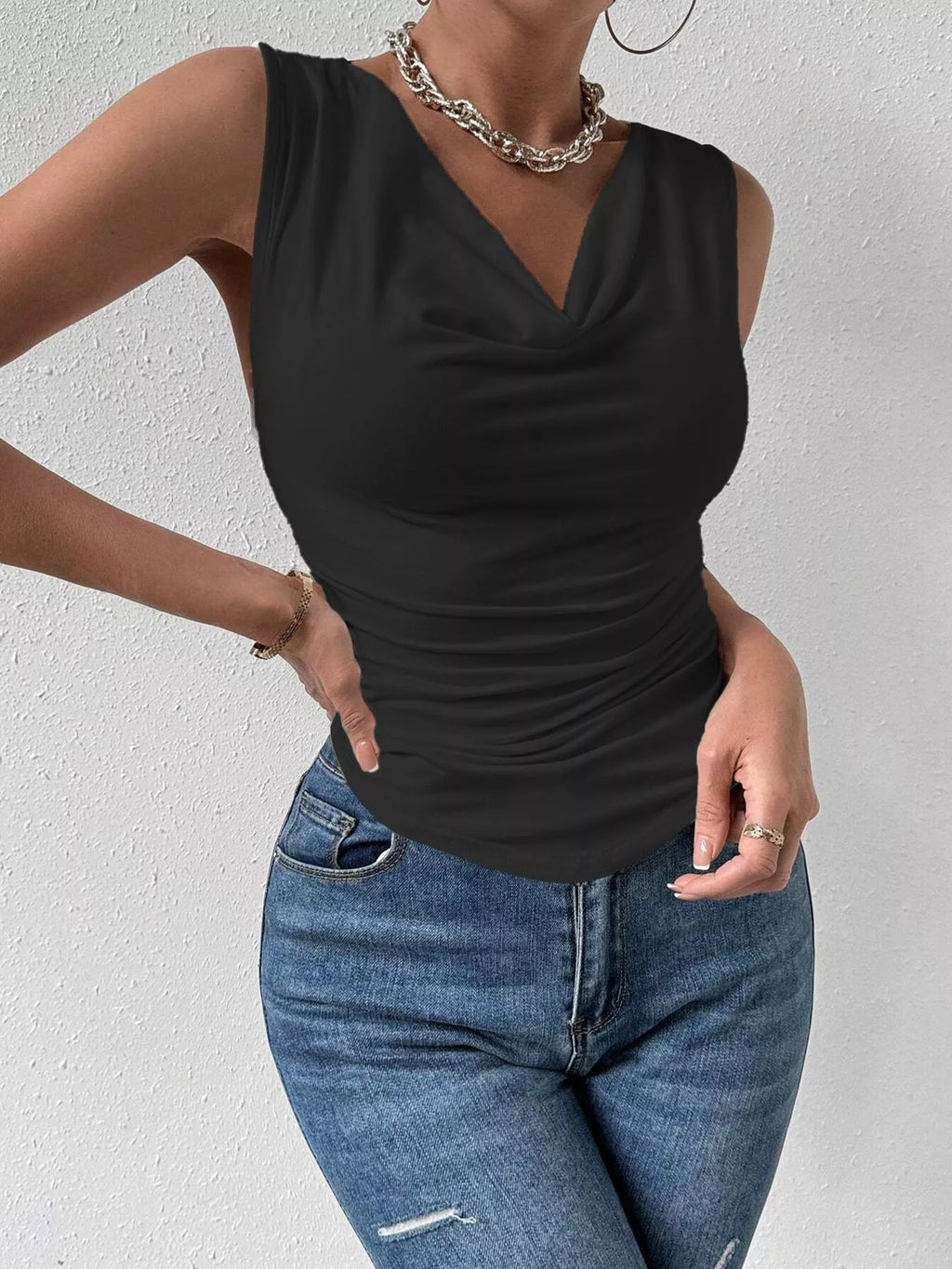 Cowl neck tank top by Trendsi, sleeveless design with a relaxed fit and draped neckline, shown in a neutral color.