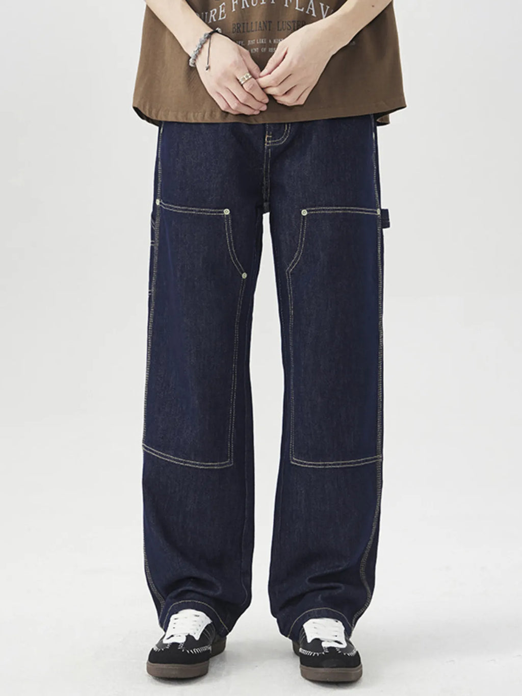 Men's wide leg cargo jeans from Trendsi featuring relaxed fit, multiple pockets, and denim fabric, perfect for casual wear.