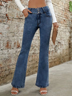 Plush Fashion Shop denim bootcut jeans with front and back pockets, classic blue wash and relaxed fit.