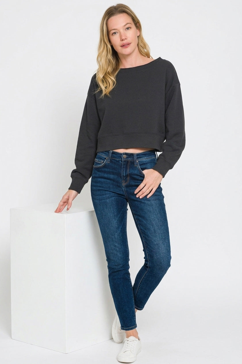 Women's fleece boat-neck cropped sweatshirt by Plush Fashion Hub, relaxed fit cotton blend with cozy, casual style.