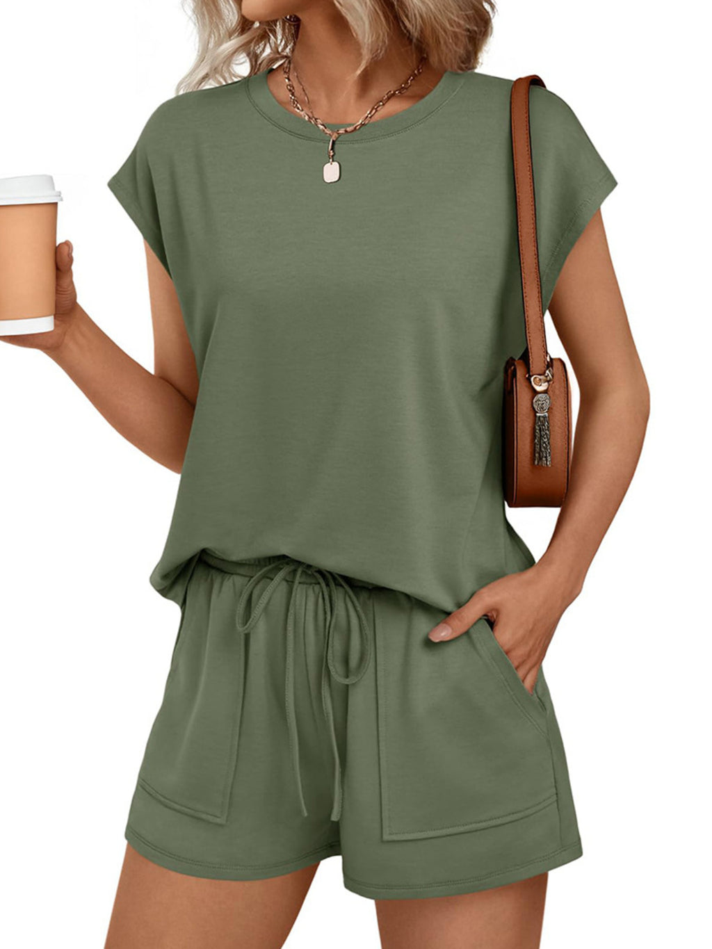Women's soft round neck cap sleeve lounge set with drawstring shorts, featuring a comfortable 2-piece design from Trendsi.