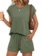 Women's soft round neck cap sleeve lounge set with drawstring shorts, featuring a comfortable 2-piece design from Trendsi.