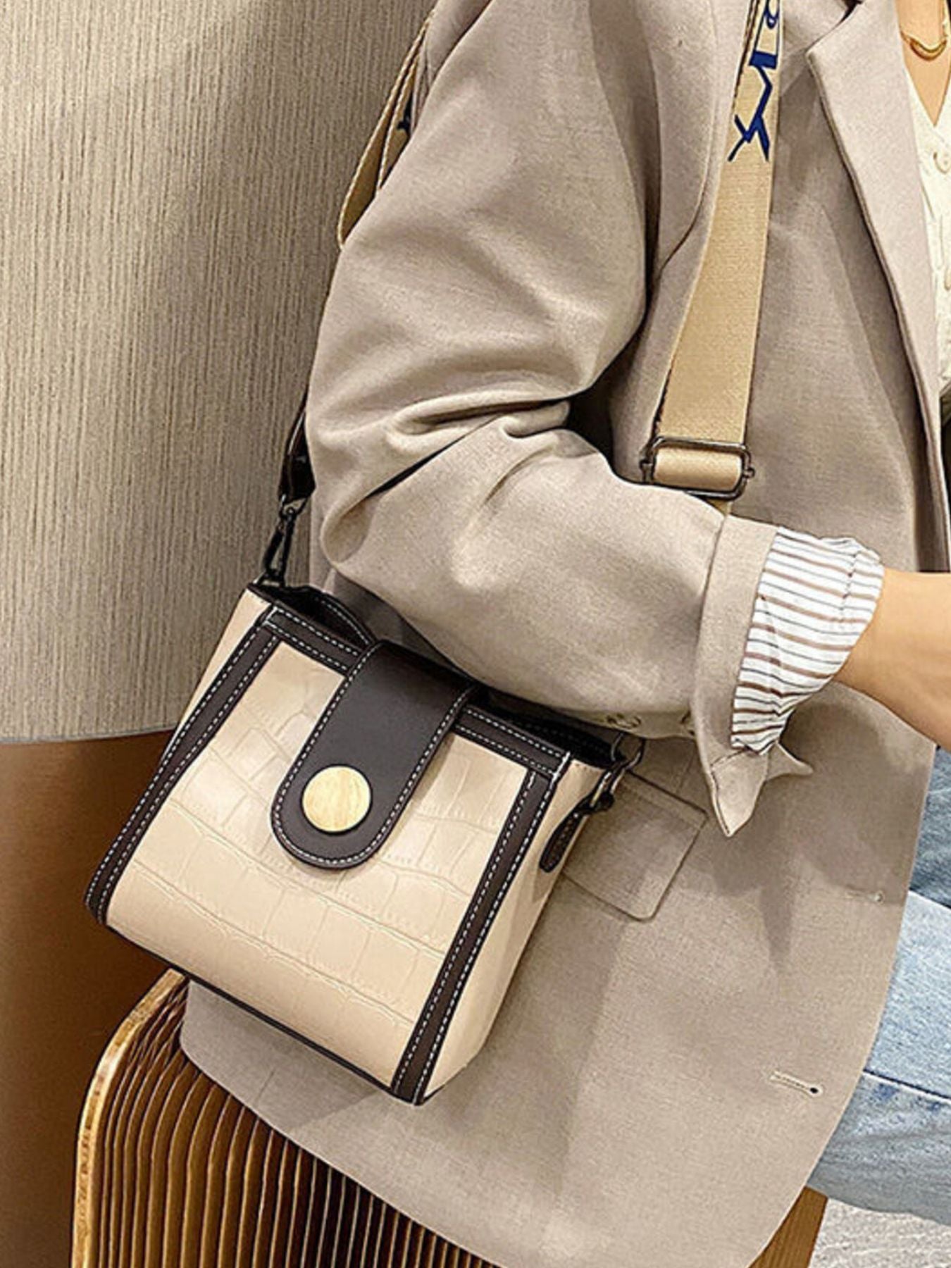 Crocodile embossed wide strap crossbody bag in premium PU leather, featuring a sleek design and adjustable shoulder strap.