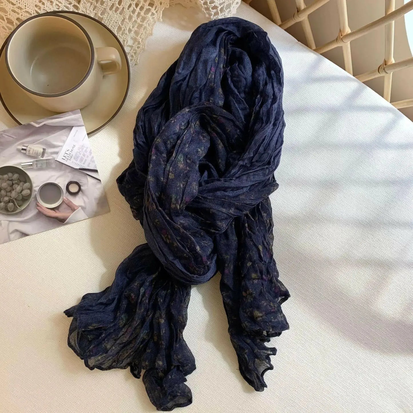 Artistic Retro Soft Small Floral Vintage Cotton And Linen Scarf For Women - Plush Fashion Hub