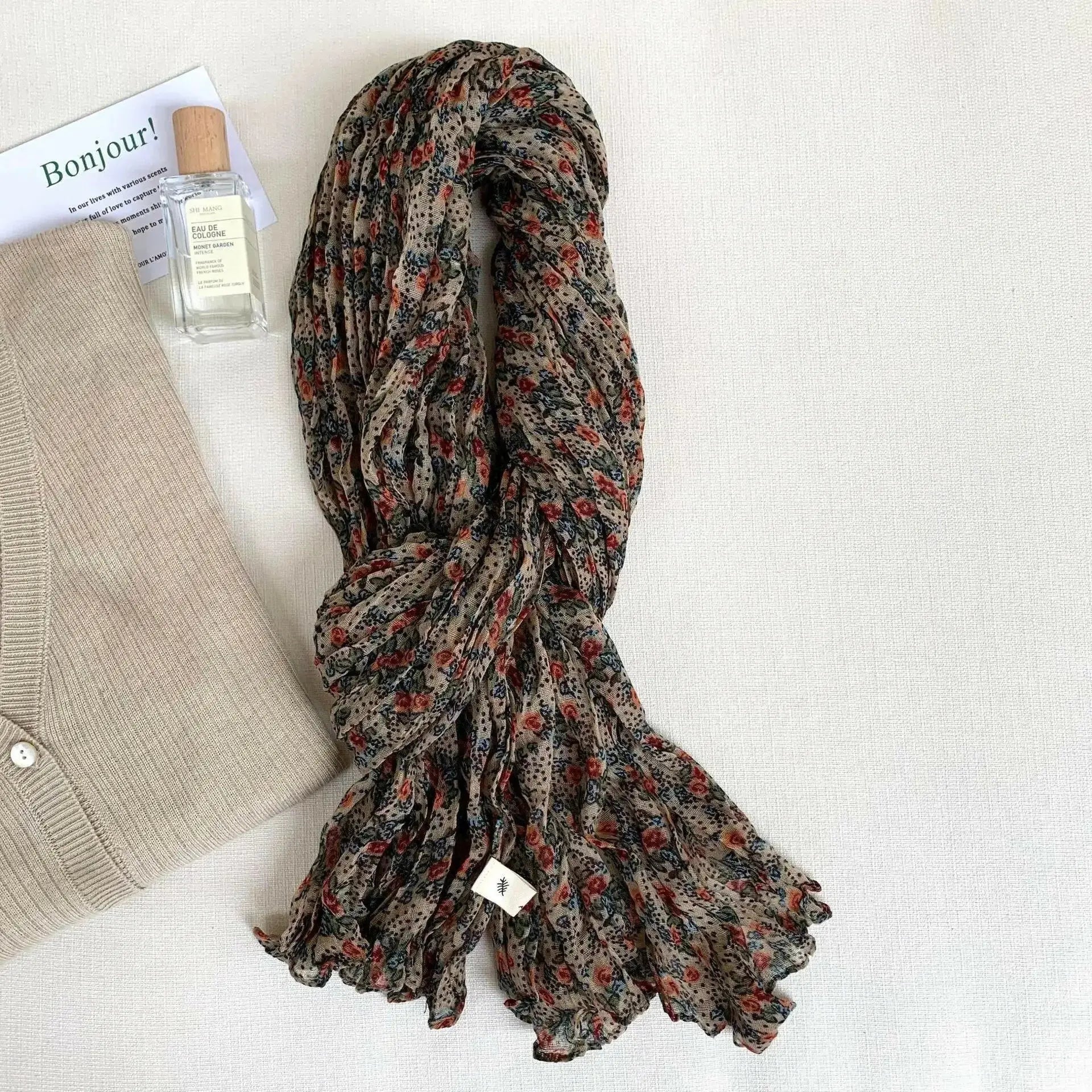 Artistic Retro Soft Small Floral Vintage Cotton And Linen Scarf For Women - Plush Fashion Hub