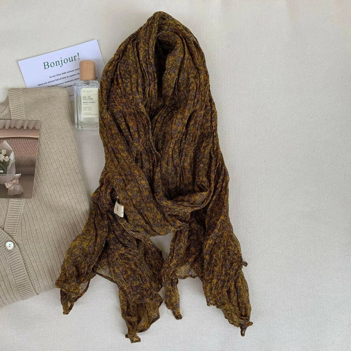 Artistic Retro Soft Small Floral Vintage Cotton And Linen Scarf For Women - Plush Fashion Hub
