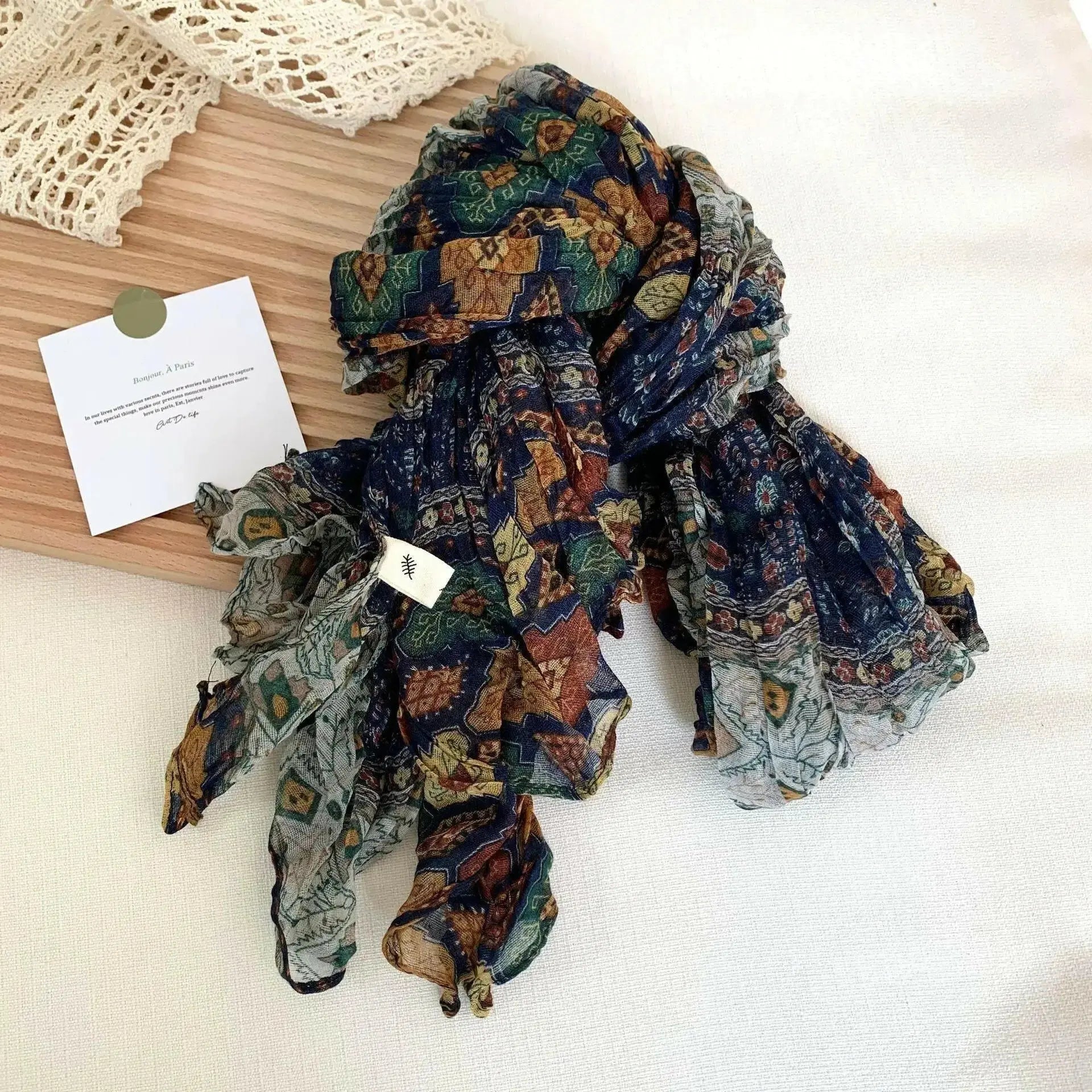 Artistic Retro Soft Small Floral Vintage Cotton And Linen Scarf For Women - Plush Fashion Hub