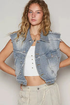 POL Assymetrical Front Closure Raw Hem Denim Vest - Plush Fashion Hub