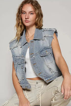 POL Assymetrical Front Closure Raw Hem Denim Vest - Plush Fashion Hub