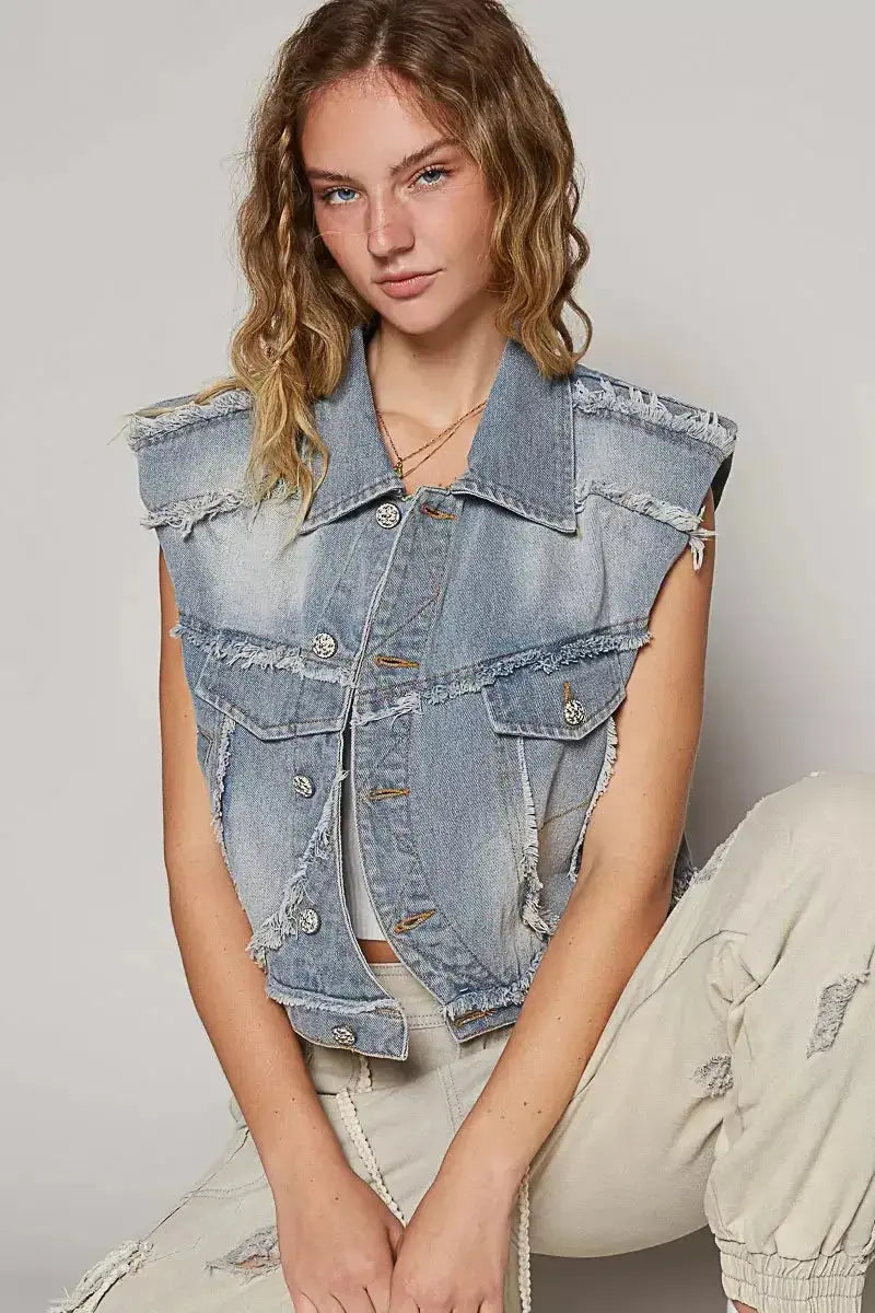 POL Assymetrical Front Closure Raw Hem Denim Vest - Plush Fashion Hub