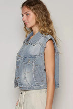 POL Assymetrical Front Closure Raw Hem Denim Vest - Plush Fashion Hub