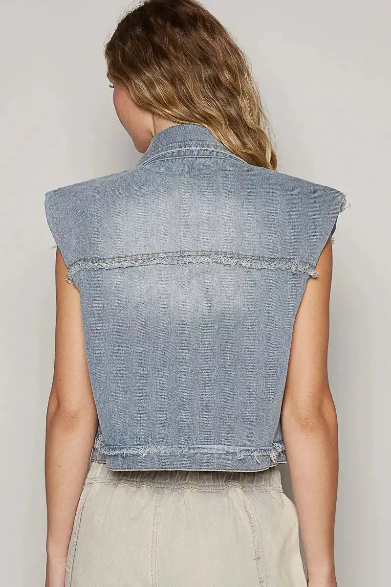 POL Assymetrical Front Closure Raw Hem Denim Vest - Plush Fashion Hub