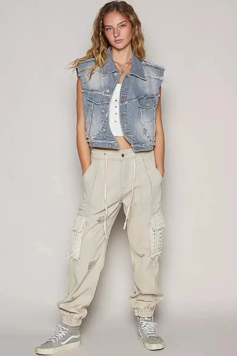 POL Assymetrical Front Closure Raw Hem Denim Vest - Plush Fashion Hub