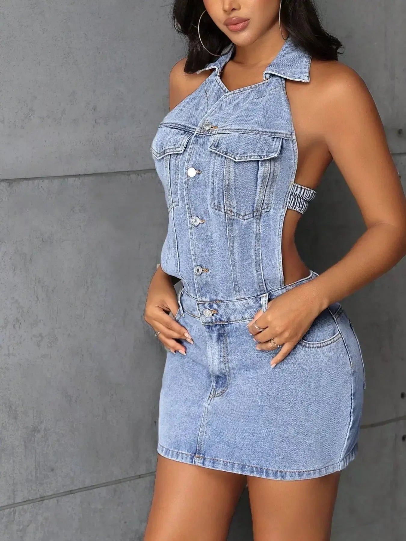 Backless Sleeveless Button Front Denim Mini Dress - Plush Fashion Hub