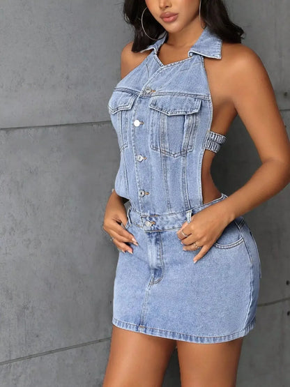 Backless Sleeveless Button Front Denim Mini Dress - Plush Fashion Hub