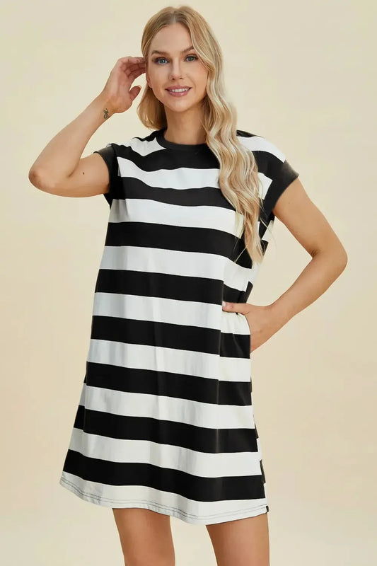 Basic Bae Full Size Striped Round Neck Cap Sleeve Mini Dress - Plush Fashion Hub