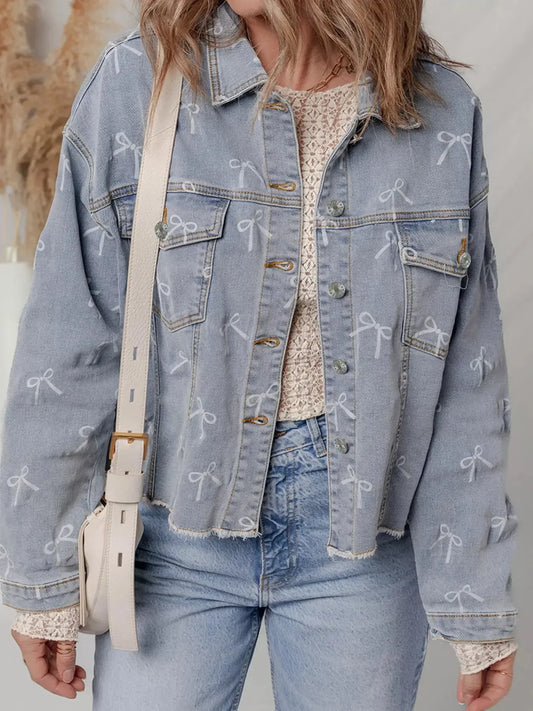 Bow Knot Print Light Wash Raw Hem Denim Jacket - Plush Fashion Hub