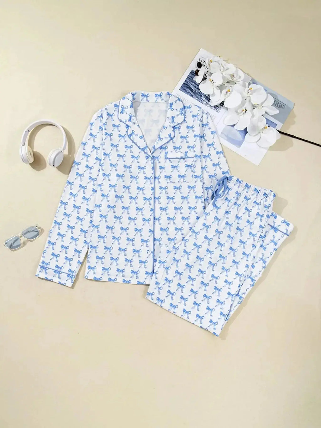 Bow Print Long Sleeve Shirt and Pants Pajama Set - Plush Fashion Hub