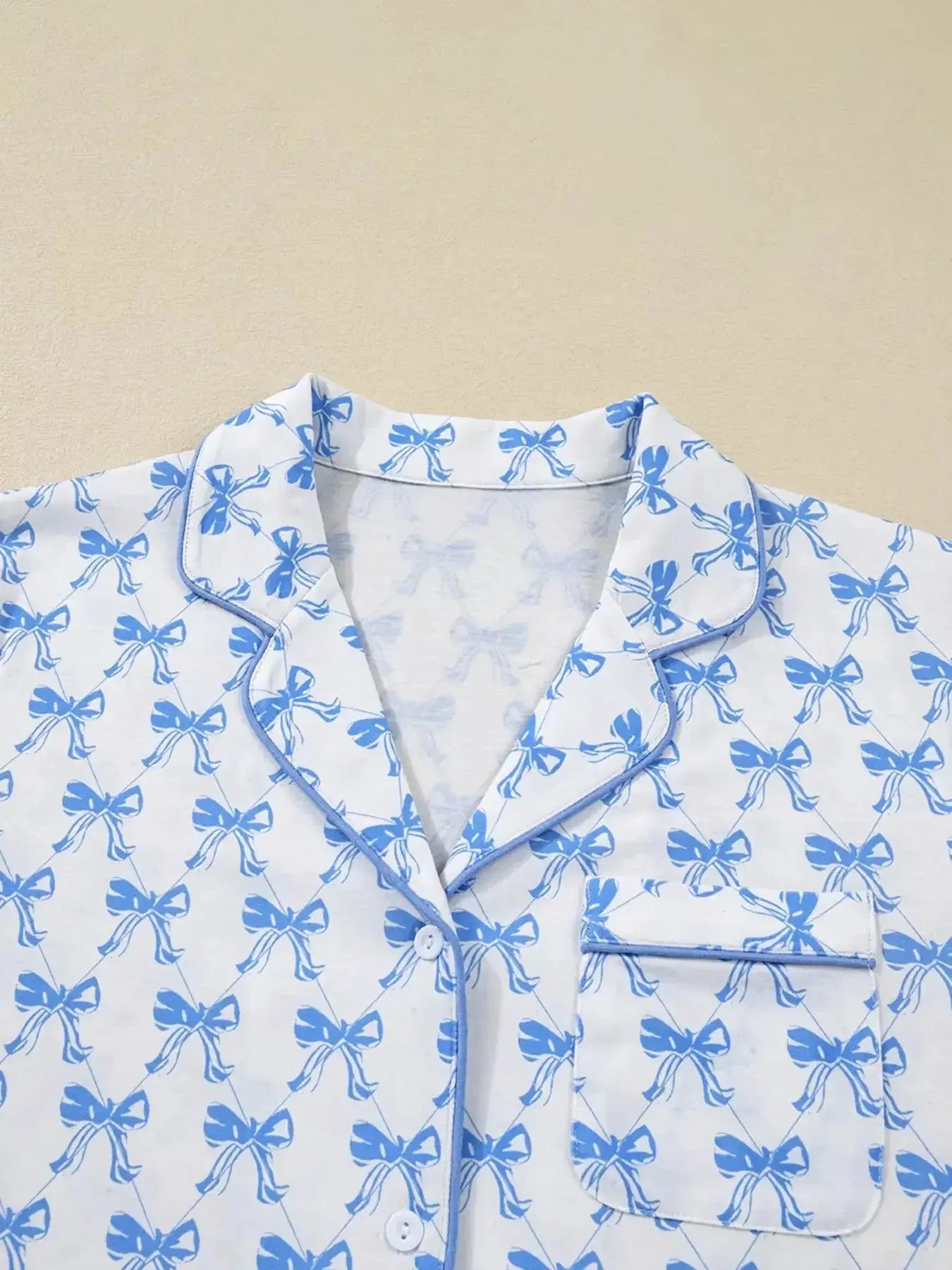 Bow Print Long Sleeve Shirt and Pants Pajama Set - Plush Fashion Hub