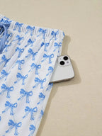 Bow Print Long Sleeve Shirt and Pants Pajama Set - Plush Fashion Hub