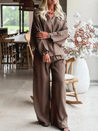 Braided V Neck Long Sleeve Loose Top and Drawstring High Waist Pants 2pcs Outfit - Plush Fashion Hub