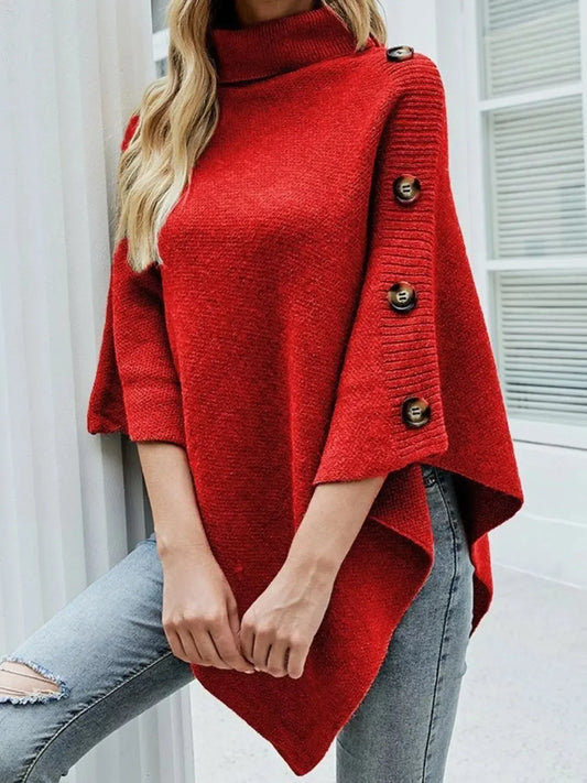 Button-Decor Turtleneck Poncho Pullover - Plush Fashion Hub