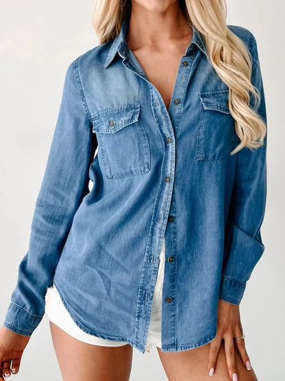 Button-Down Collared Neck Denim Shirt - Plush Fashion Hub