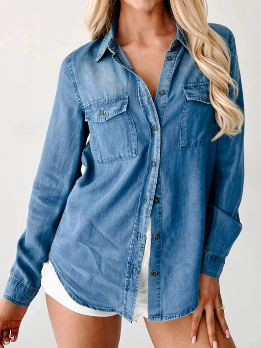 Button-Down Collared Neck Denim Shirt - Plush Fashion Hub