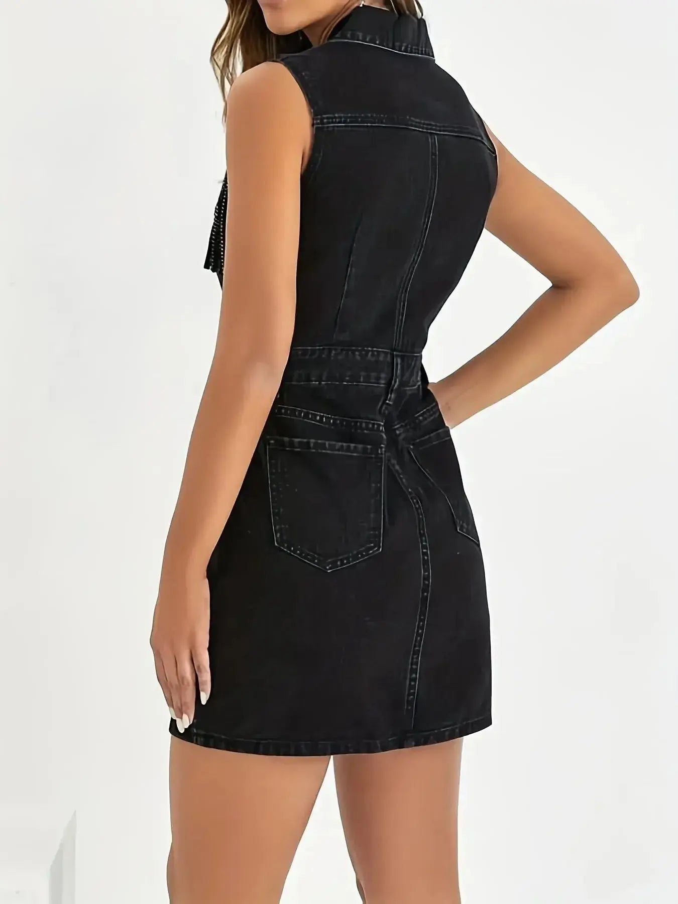 Fringe Detail Button-Front Mini Dress - Plush Fashion Hub