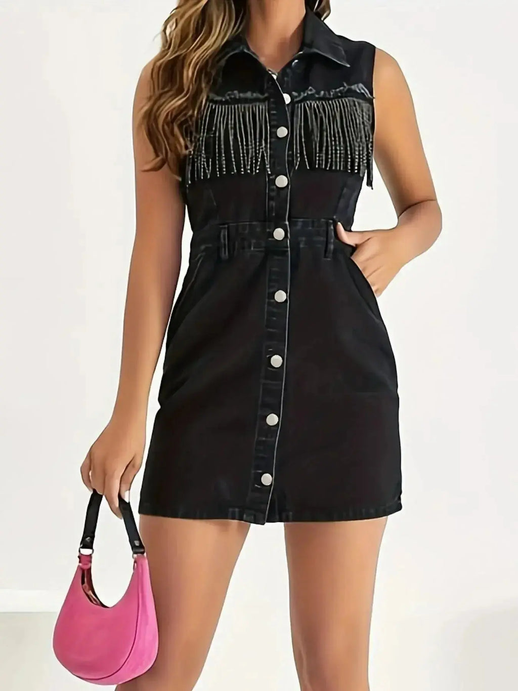 Fringe Detail Button-Front Mini Dress - Plush Fashion Hub