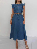 Button-Front Ruffle Sleeve Denim Midi Dress - Plush Fashion Hub