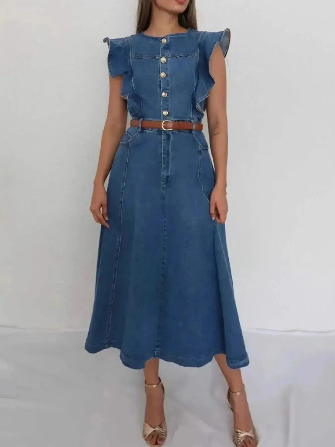 Button-Front Ruffle Sleeve Denim Midi Dress - Plush Fashion Hub