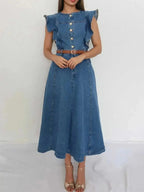 Button-Front Ruffle Sleeve Denim Midi Dress - Plush Fashion Hub