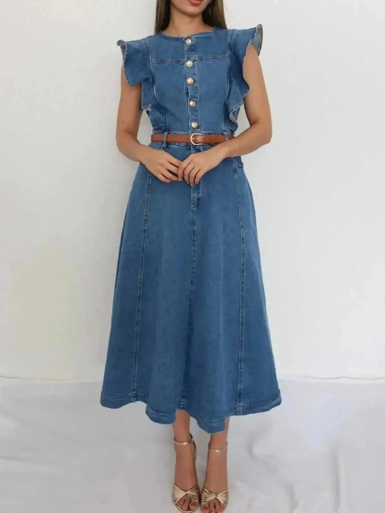 Button-Front Ruffle Sleeve Denim Midi Dress - Plush Fashion Hub