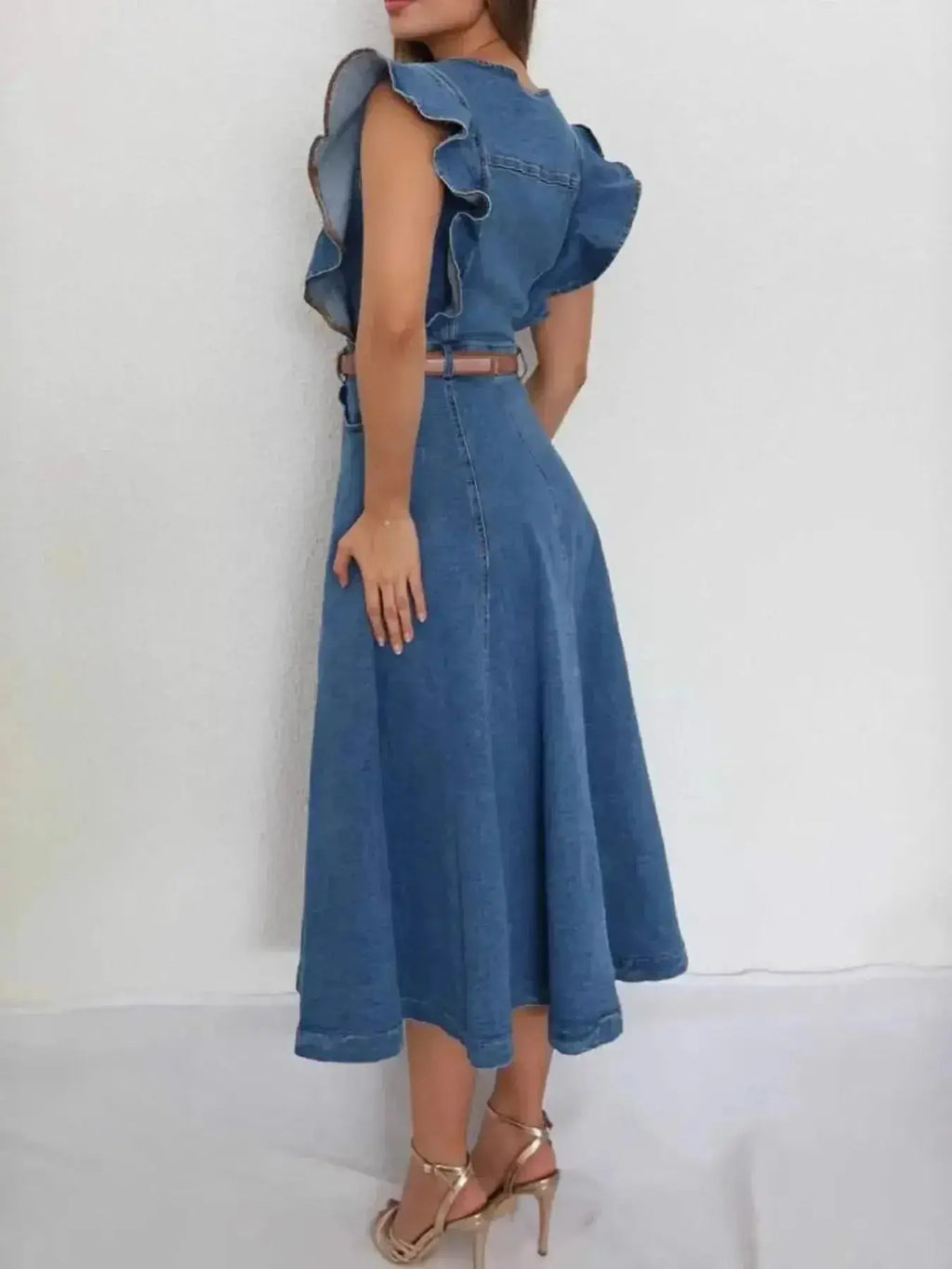 Button-Front Ruffle Sleeve Denim Midi Dress - Plush Fashion Hub