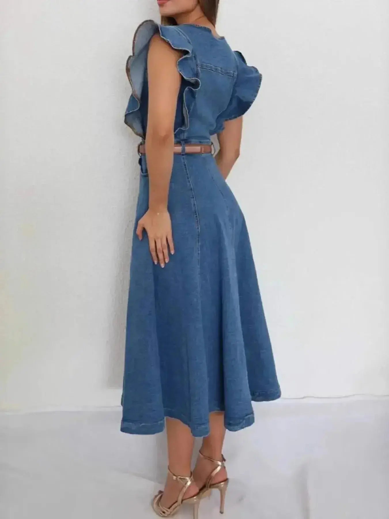 Button-Front Ruffle Sleeve Denim Midi Dress - Plush Fashion Hub