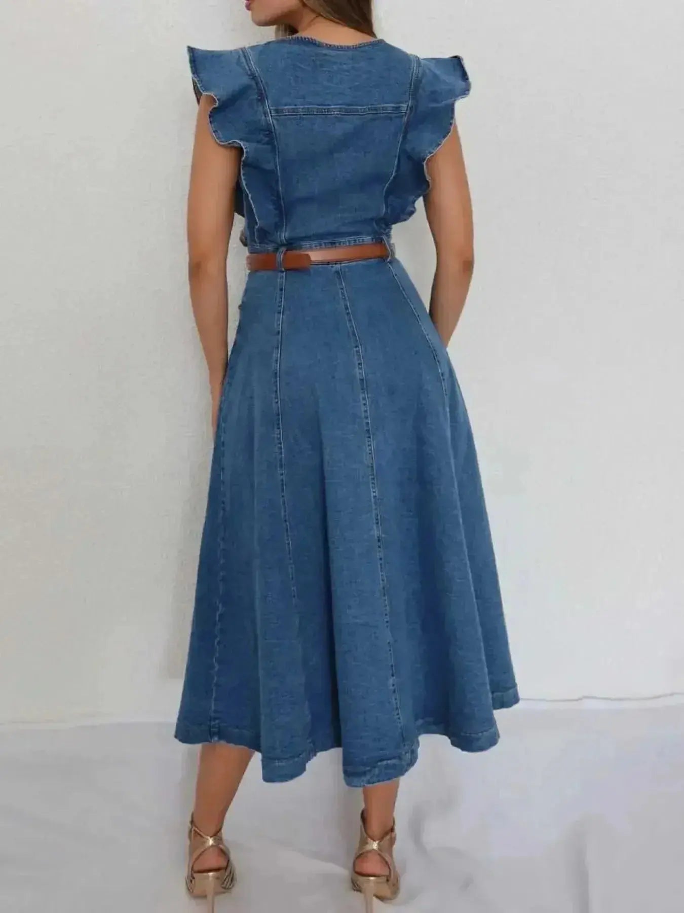 Button-Front Ruffle Sleeve Denim Midi Dress - Plush Fashion Hub