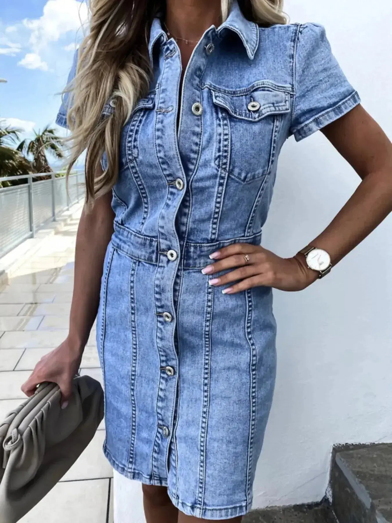 Button Front Short Sleeve Denim Dress - Plush Fashion Hub