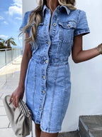 Button Front Short Sleeve Denim Dress - Plush Fashion Hub