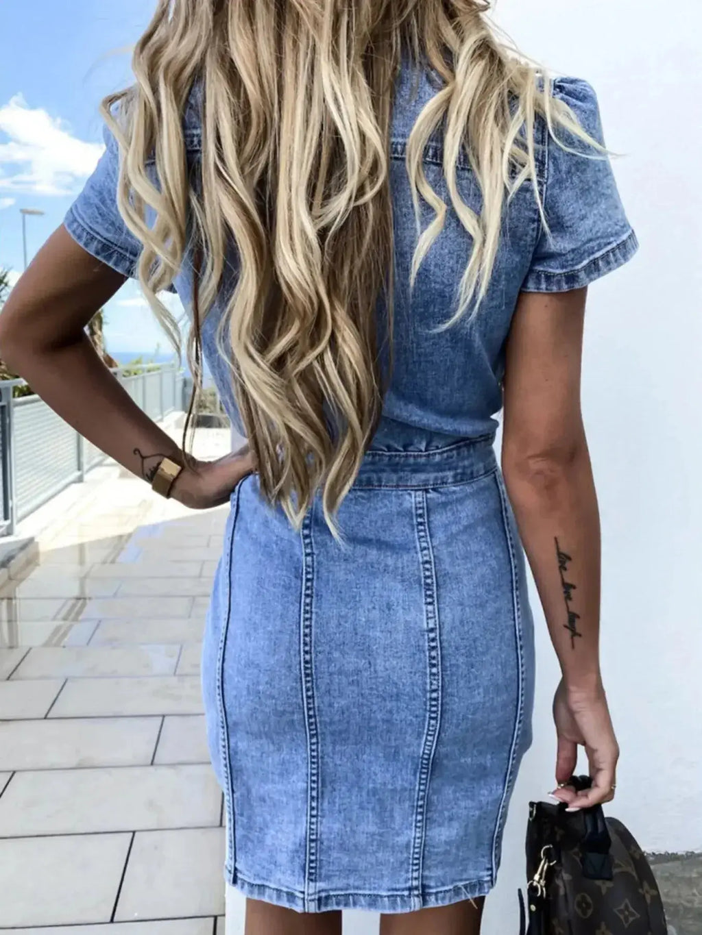 Button Front Short Sleeve Denim Dress - Plush Fashion Hub