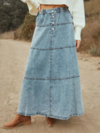 Button-Front Tiered Maxi Denim Skirt - Plush Fashion Hub